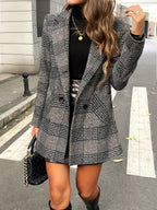 Womens Elegant Slim-Fit Plaid Tweed Houndstooth Pattern Winter Coat