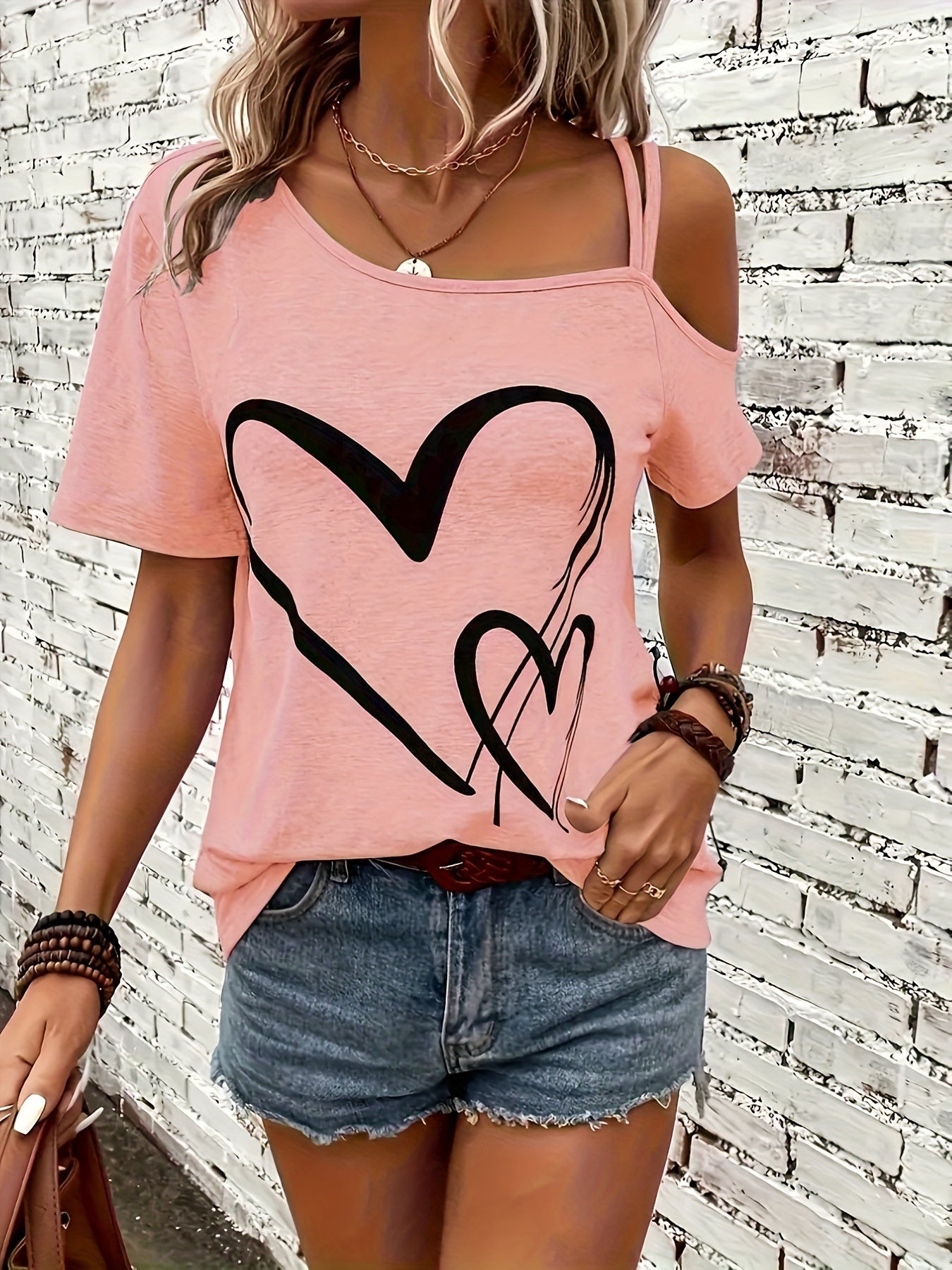 Womens Casual Heart Print Off the Shoulder Short Sleeve Asymmetrical T-shirt Top