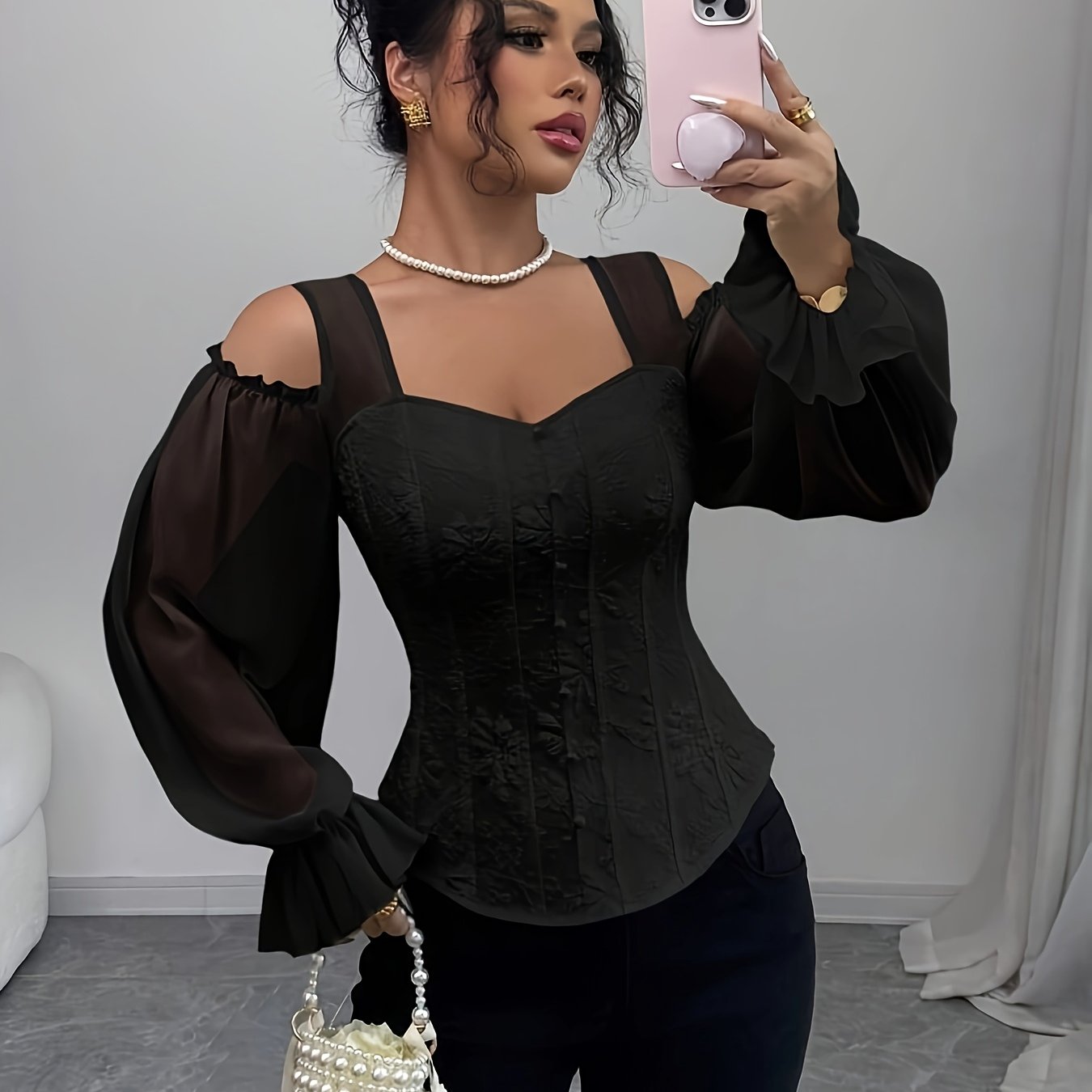 Womens Floral Jacquard Elegant Off-Shoulder Lantern Sleeves Square Neck Top