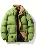 Mens Heavy-Duty Full-Zip Closure Stand Collar Windproof Loose-Fit Puffer Jacket