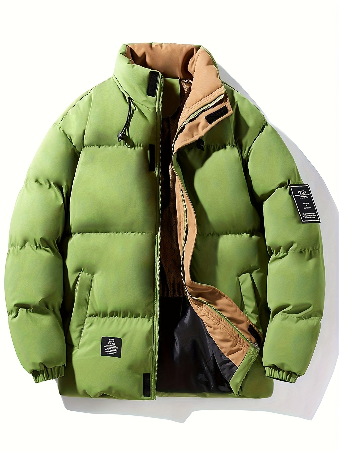 Mens Heavy-Duty Full-Zip Closure Stand Collar Windproof Loose-Fit Puffer Jacket