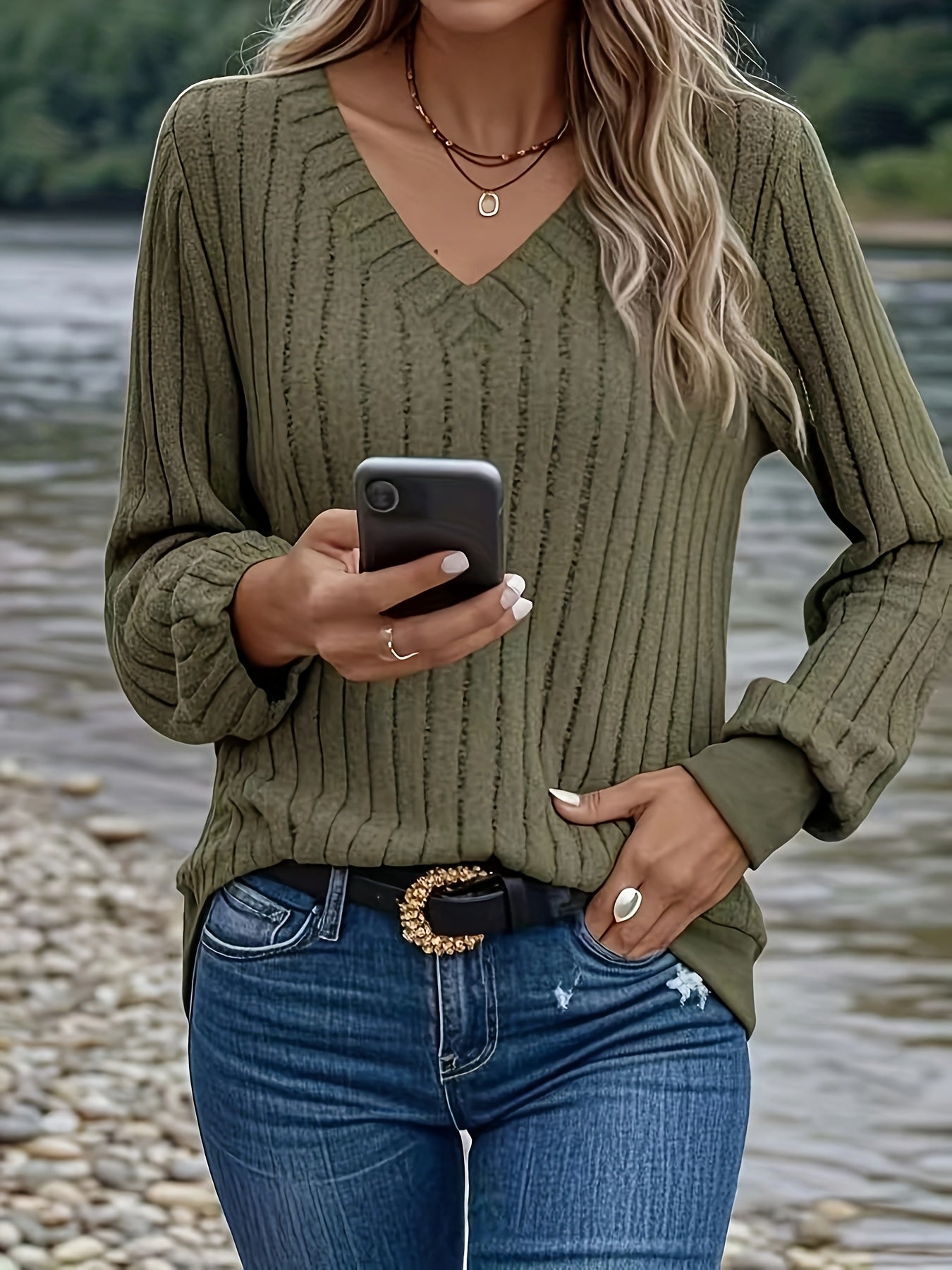 Womens Casual V-Neck Long Sleeve Ribbed Loose Fit Sweater