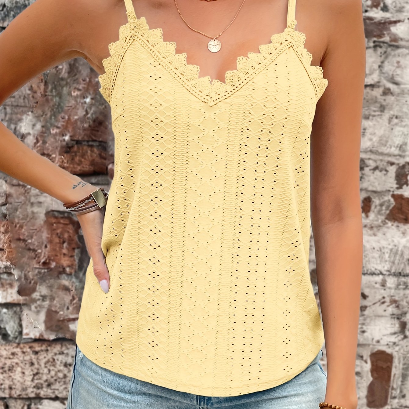 Womens Casual Eyelet Lace V-Neck Spaghetti Straps Vest Top
