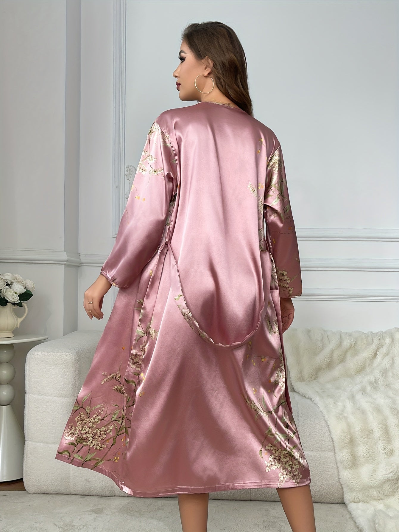 Womens Satin Cherry Print Cowl Collar Loungewear Set