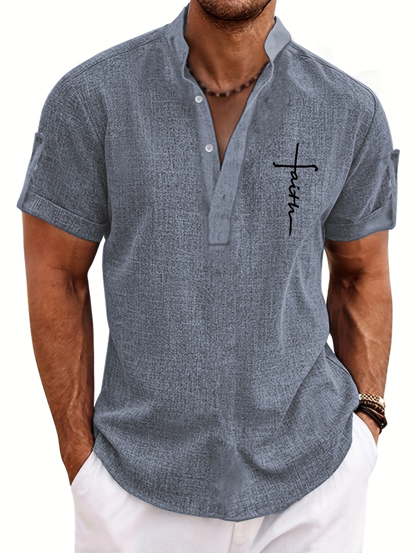 Mens Casual Graphic Print Short Sleeve Stand Collar Breathable Shirt
