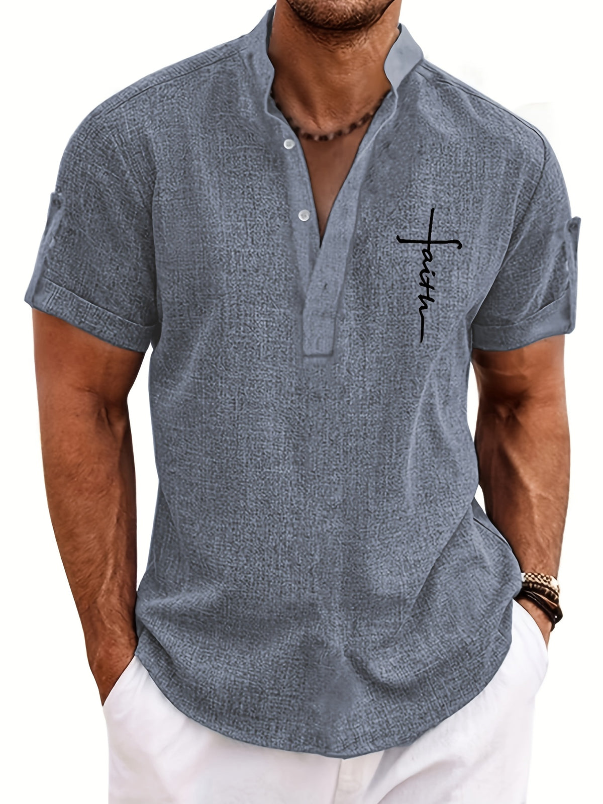 Mens Casual Graphic Print Short Sleeve Stand Collar Breathable Shirt