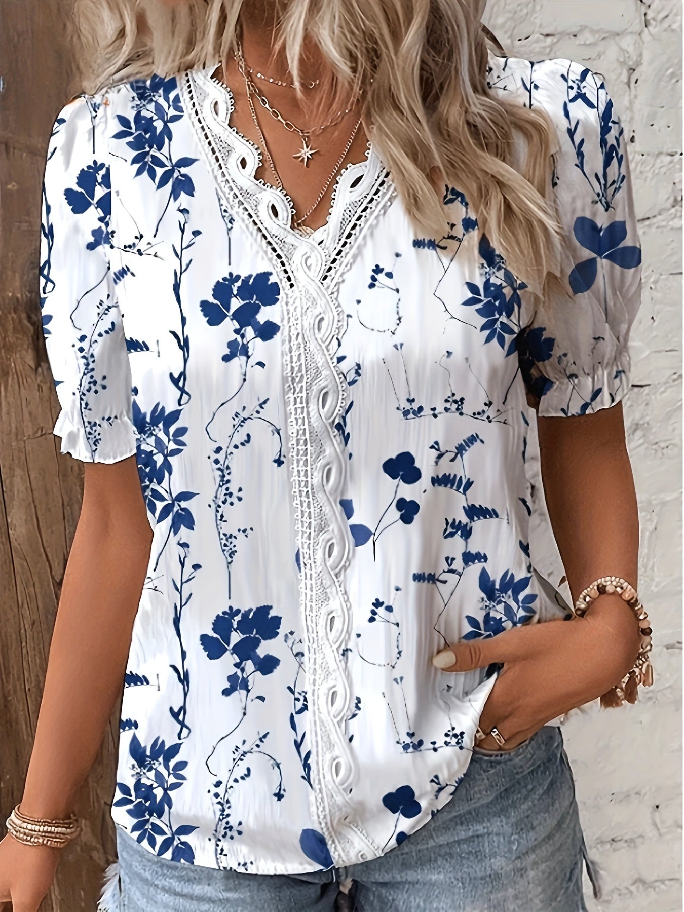 Womens Lace Patchwork Casual Floral Print Summer Top