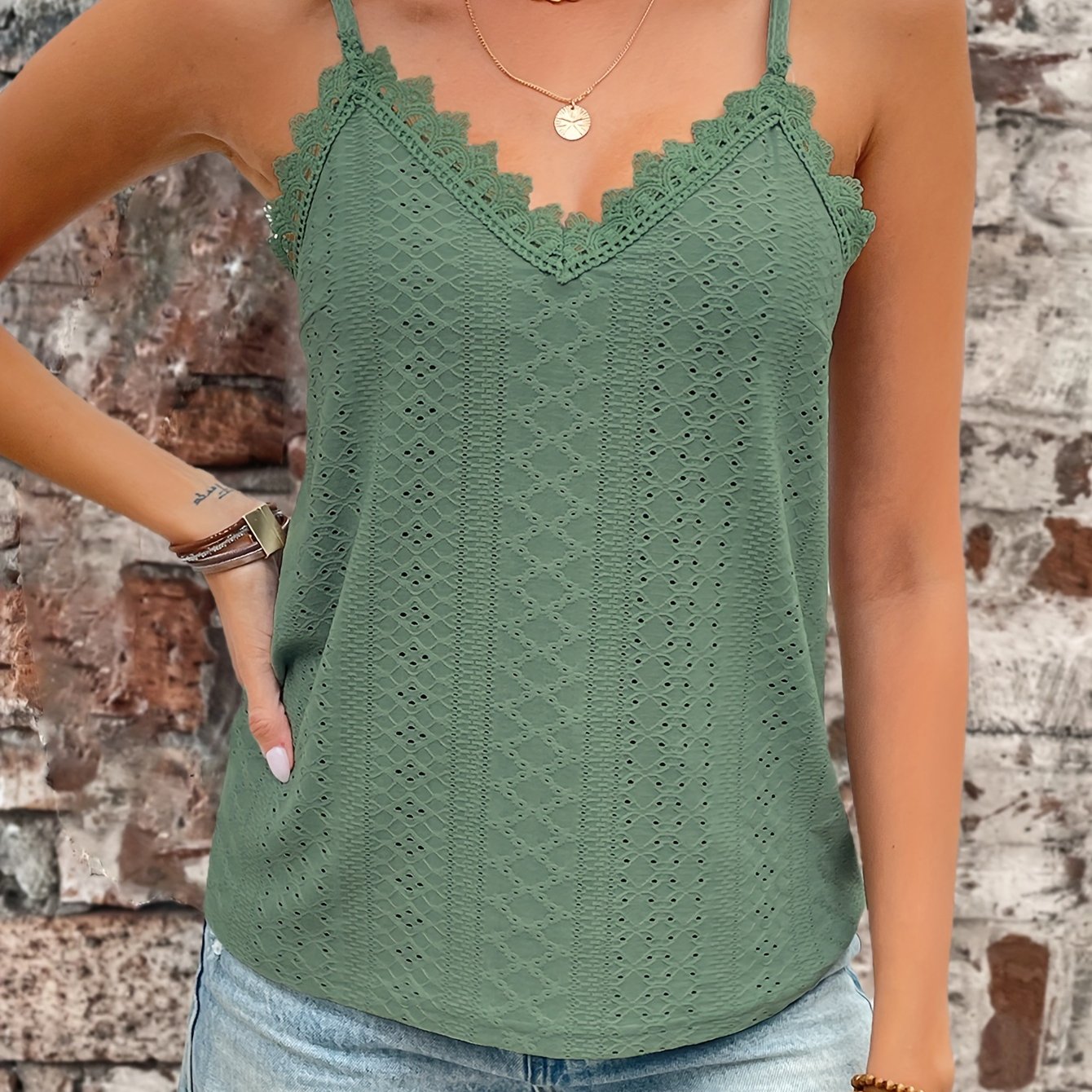 Womens Casual Eyelet Lace V-Neck Spaghetti Straps Vest Top