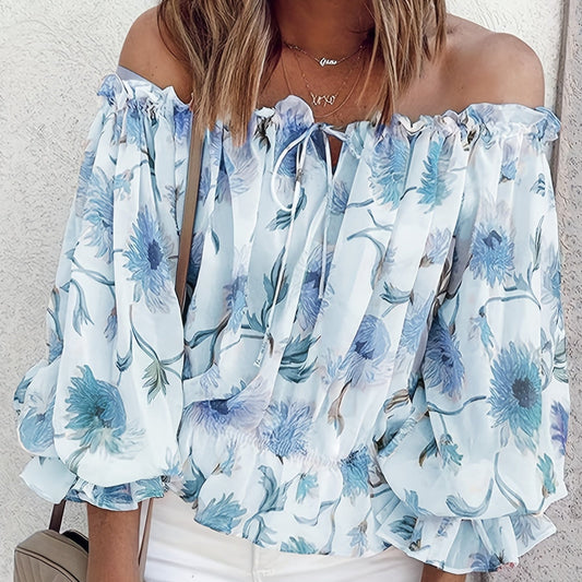 Womens Lightweight Off-Shoulder Semi-Sheer Pleated Lantern Sleeves Loose Fit Top