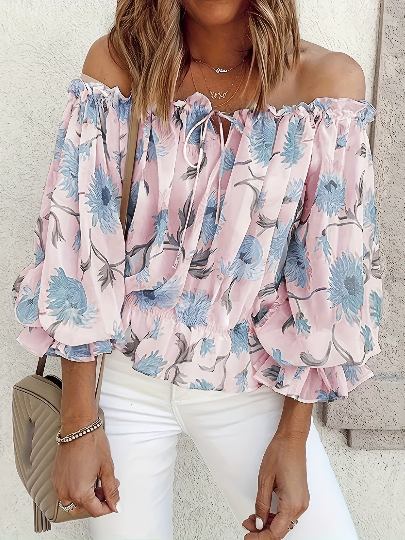 Womens Lightweight Off-Shoulder Semi-Sheer Pleated Lantern Sleeves Loose Fit Top