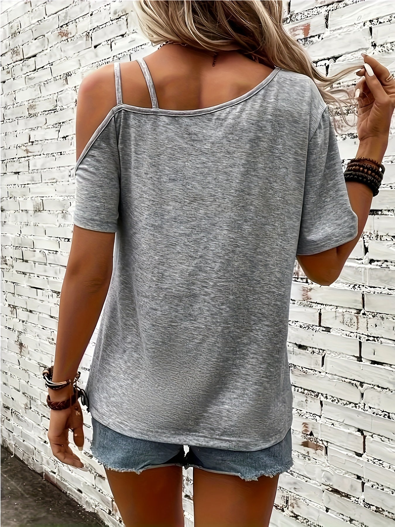 Womens Casual Heart Print Off the Shoulder Short Sleeve Asymmetrical T-shirt Top