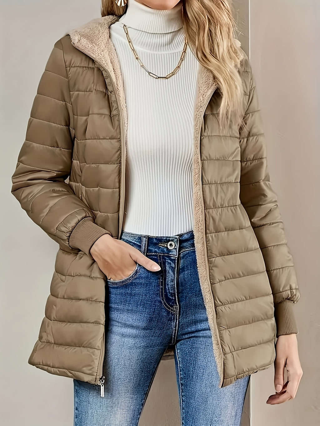 Womens Casual Medium Length Hooded Puffer Jacket
