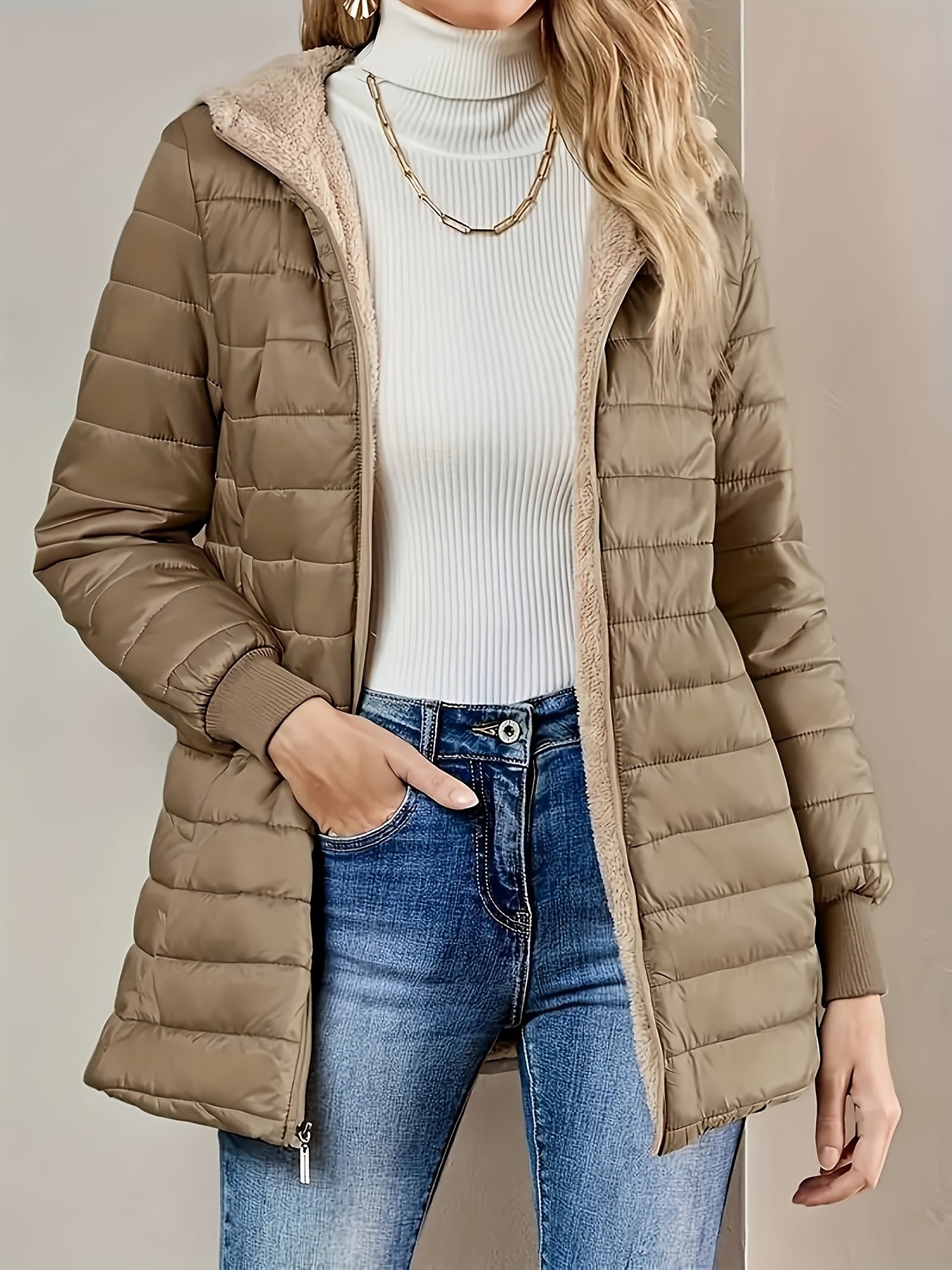 Womens Casual Medium Length Hooded Puffer Jacket