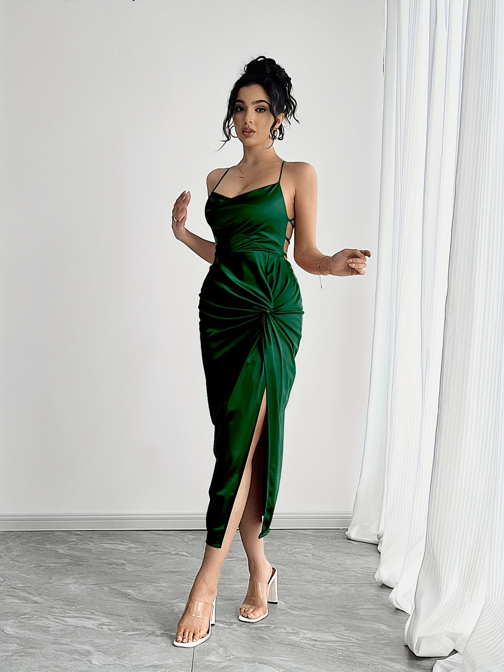 Womens Elegant Deep Neck High Thigh Slit Twist Detail Spaghetti Strap Dress for Women