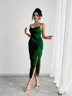 Womens Elegant Deep Neck High Thigh Slit Twist Detail Spaghetti Strap Dress for Women