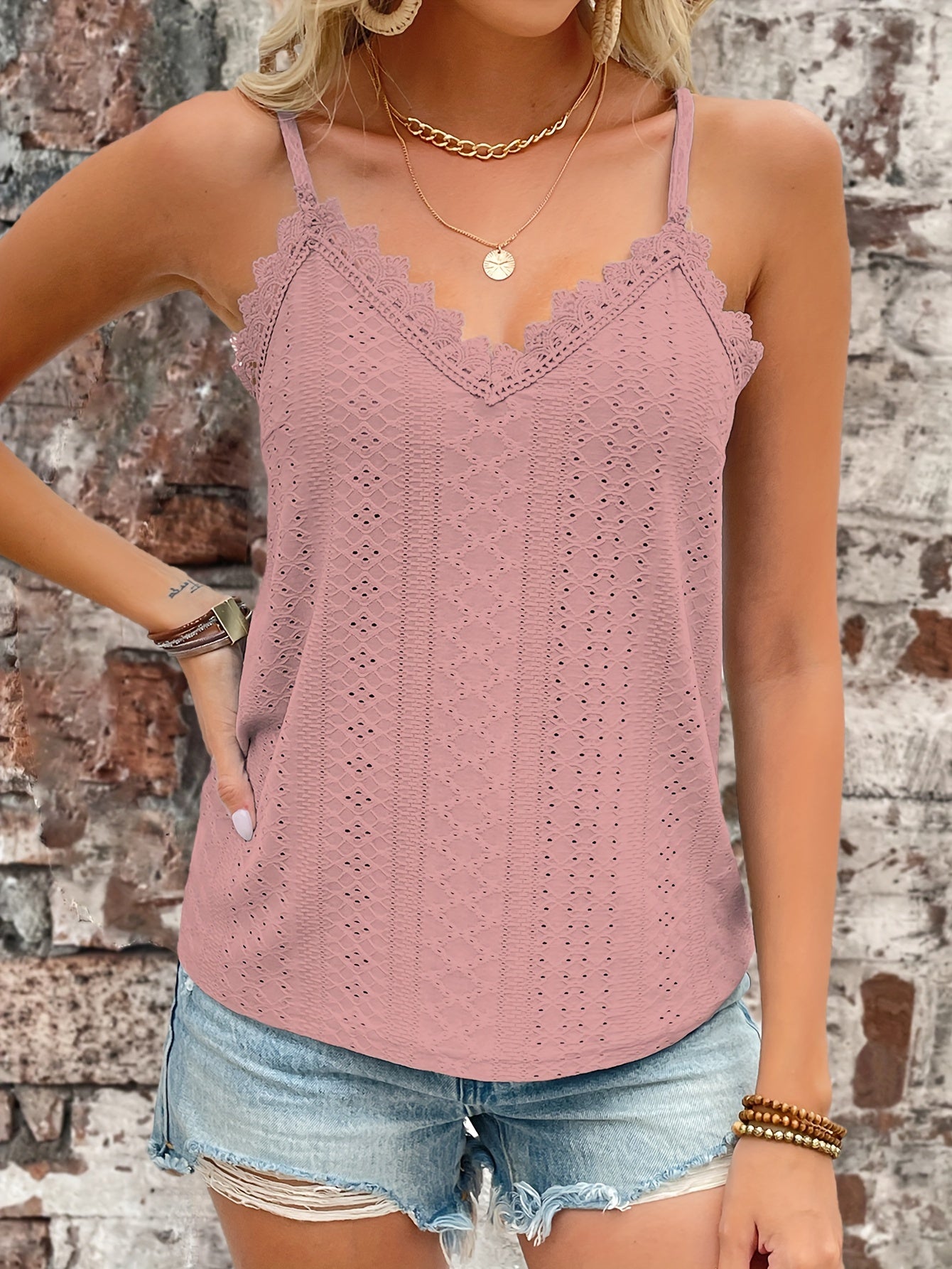 Womens Casual Eyelet Lace V-Neck Spaghetti Straps Vest Top