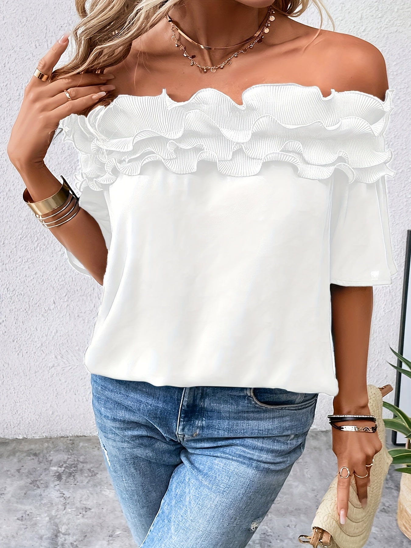 Womens Elegant Off-Shoulder Solid Colour Ruffled Hem Top