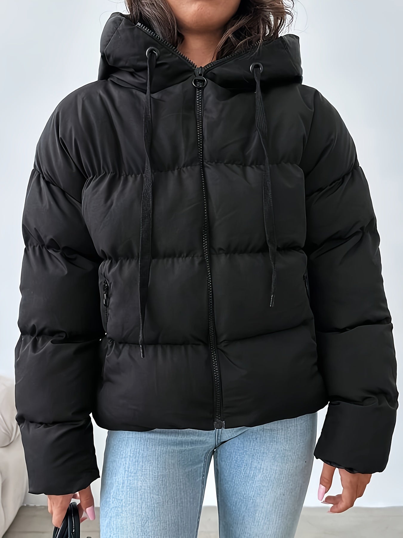 Womens Casual Hooded Zip-Up Long Sleeves Solid Colour Puffer Jacket