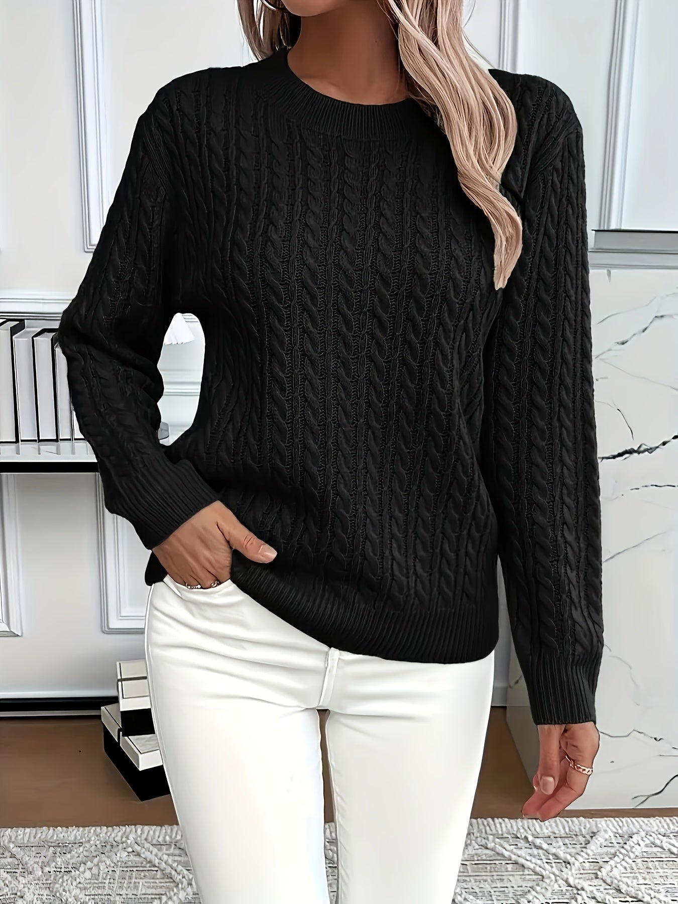 Womens Casual Loose-Fit Round Neck Long Sleeve Solid Colour Rib Design Pullover Sweater