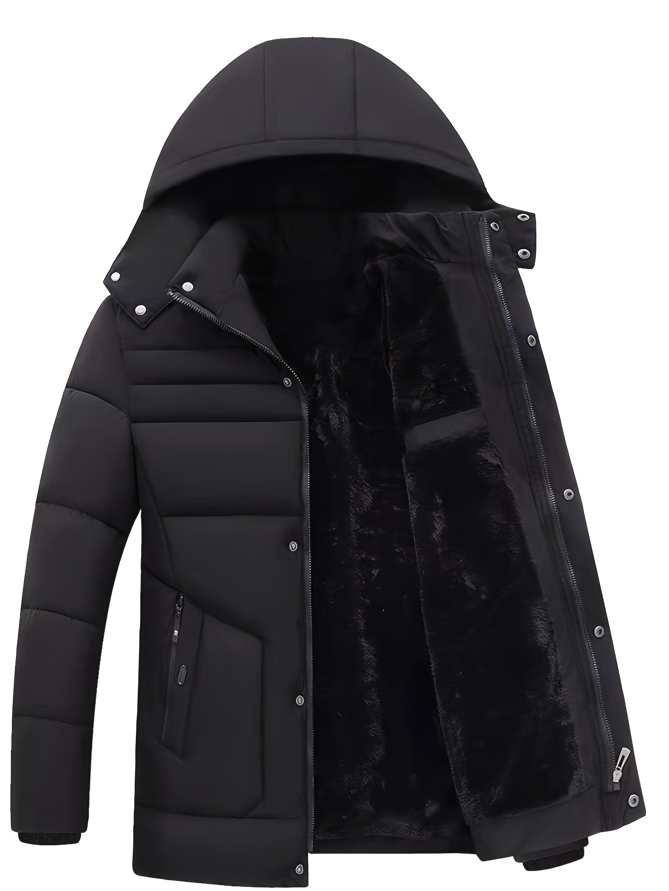 Mens Windproof Detachable Hood Multiple Pockets Plush Lining Long Winter Jacket