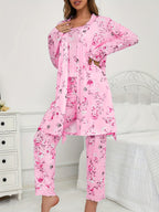 Womens 3 Piece Floral & Butterfly Print Long Pants Long Sleeve Belted Robe, Casual Crew Neck Top Nightwear Set