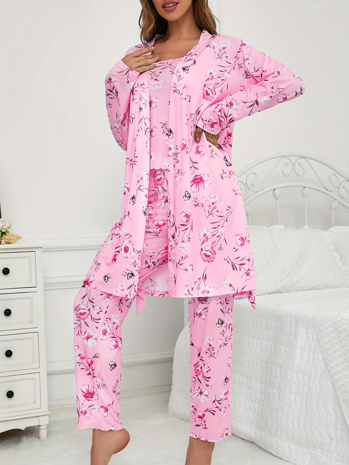 Womens 3 Piece Floral & Butterfly Print Long Pants Long Sleeve Belted Robe, Casual Crew Neck Top Nightwear Set