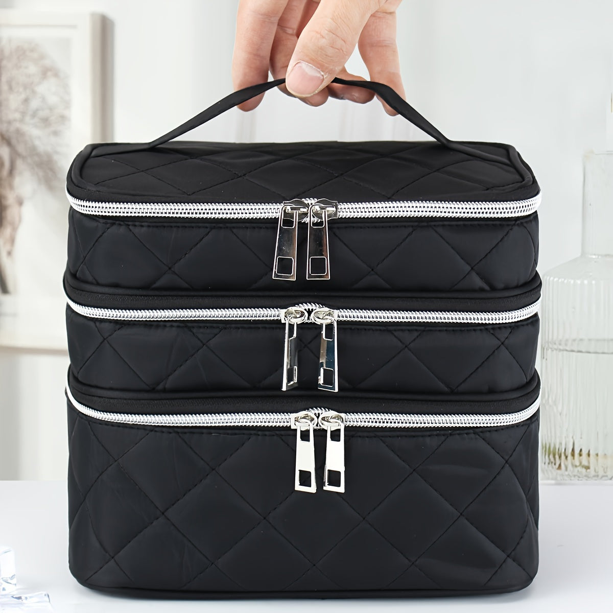 Multi Layer Portable Stylish Lightweight Large Capacity Grid Diamond Cosmetic Bag