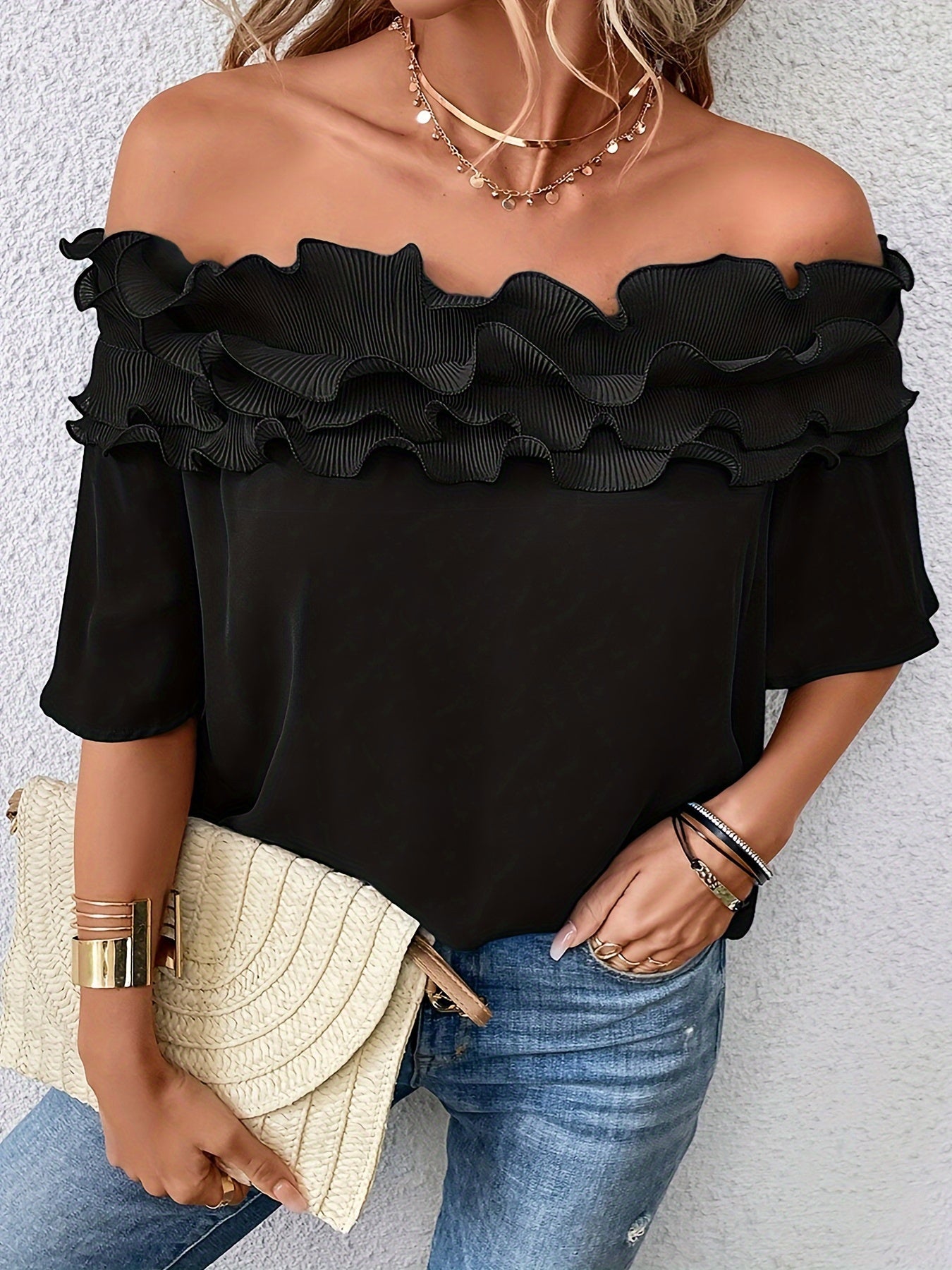 Womens Elegant Off-Shoulder Solid Colour Ruffled Hem Top