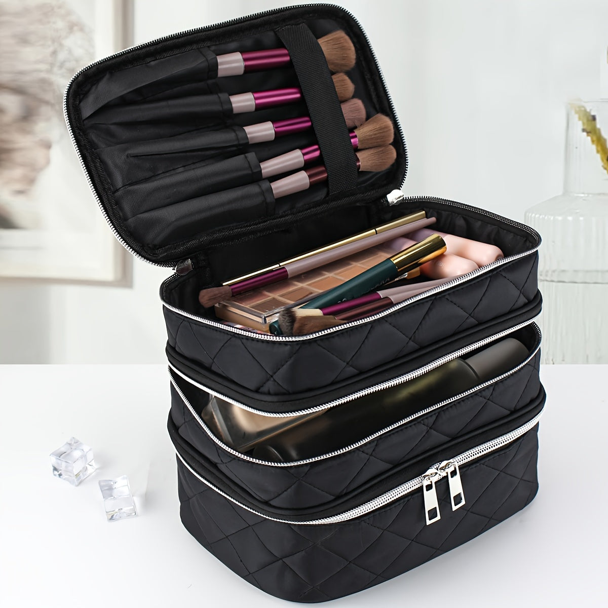 Multi Layer Portable Stylish Lightweight Large Capacity Grid Diamond Cosmetic Bag