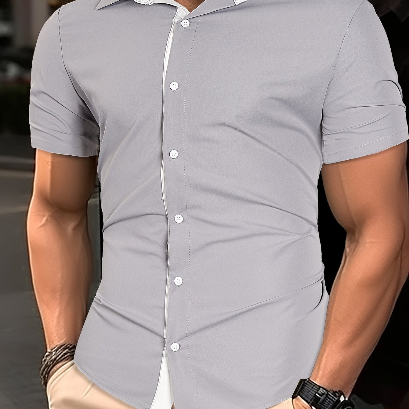 Mens Basic Short Sleeve Button Casual Lapel Collar Shirt