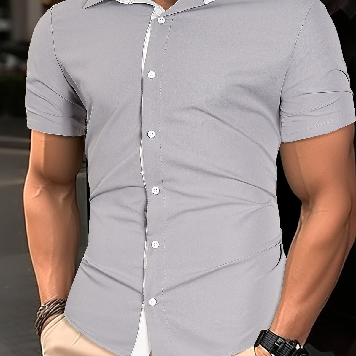 Mens Basic Short Sleeve Button Casual Lapel Collar Shirt