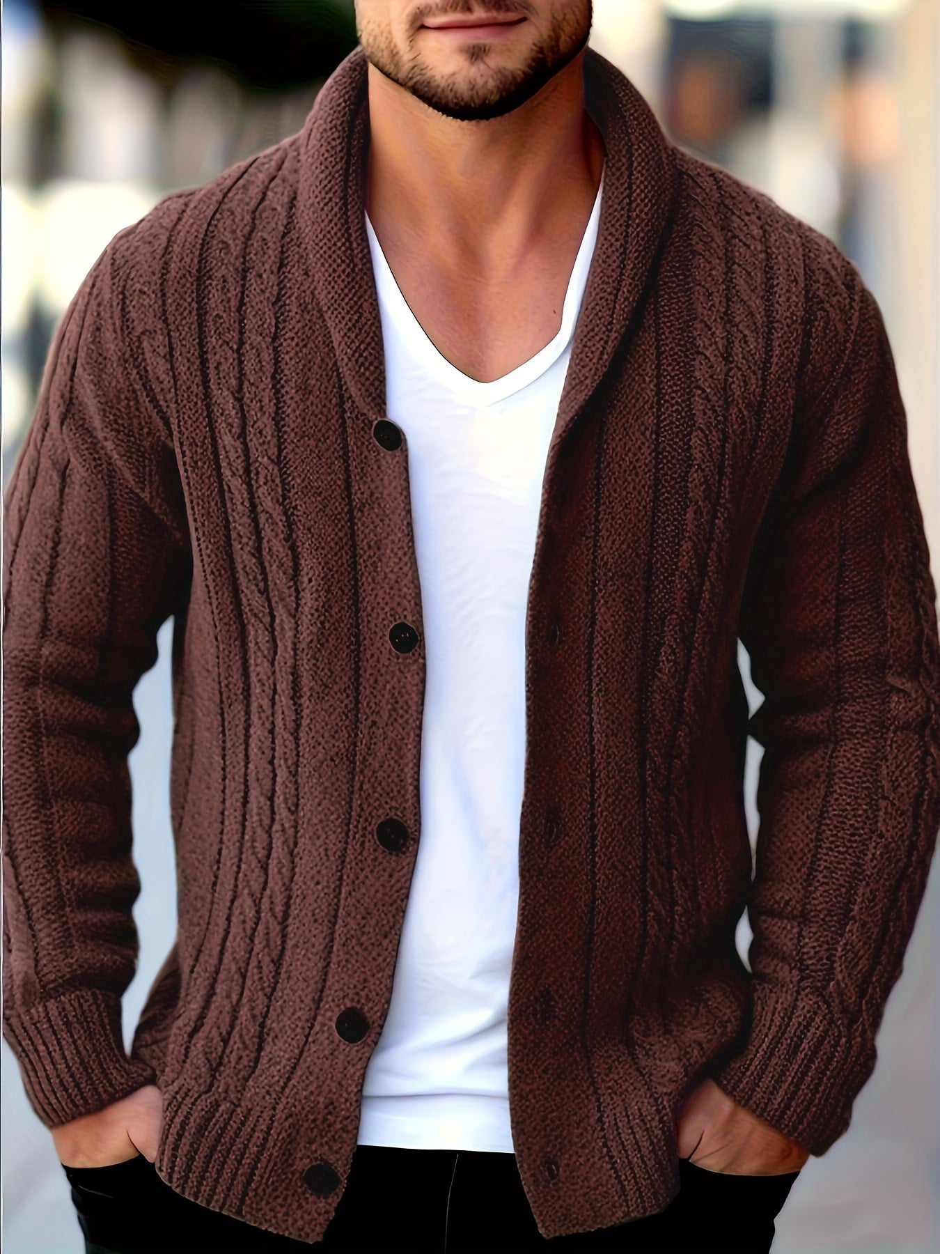 Mens Casual Thick Long Sleeve Cable Knit Buttoned Cardigan
