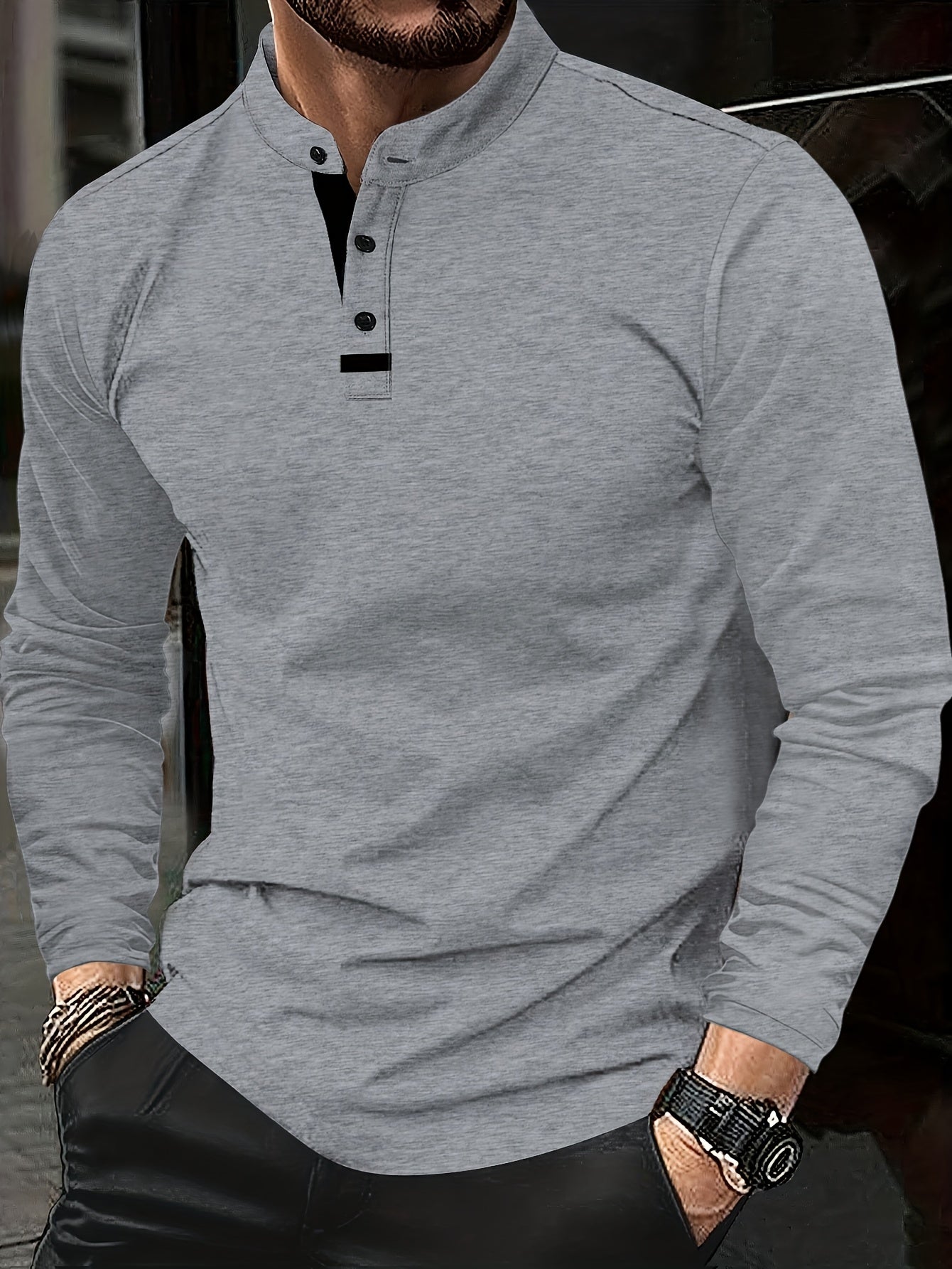 Mens Casual Solid Colour Contrast Stitching Casual Round Neck Long Sleeve Top