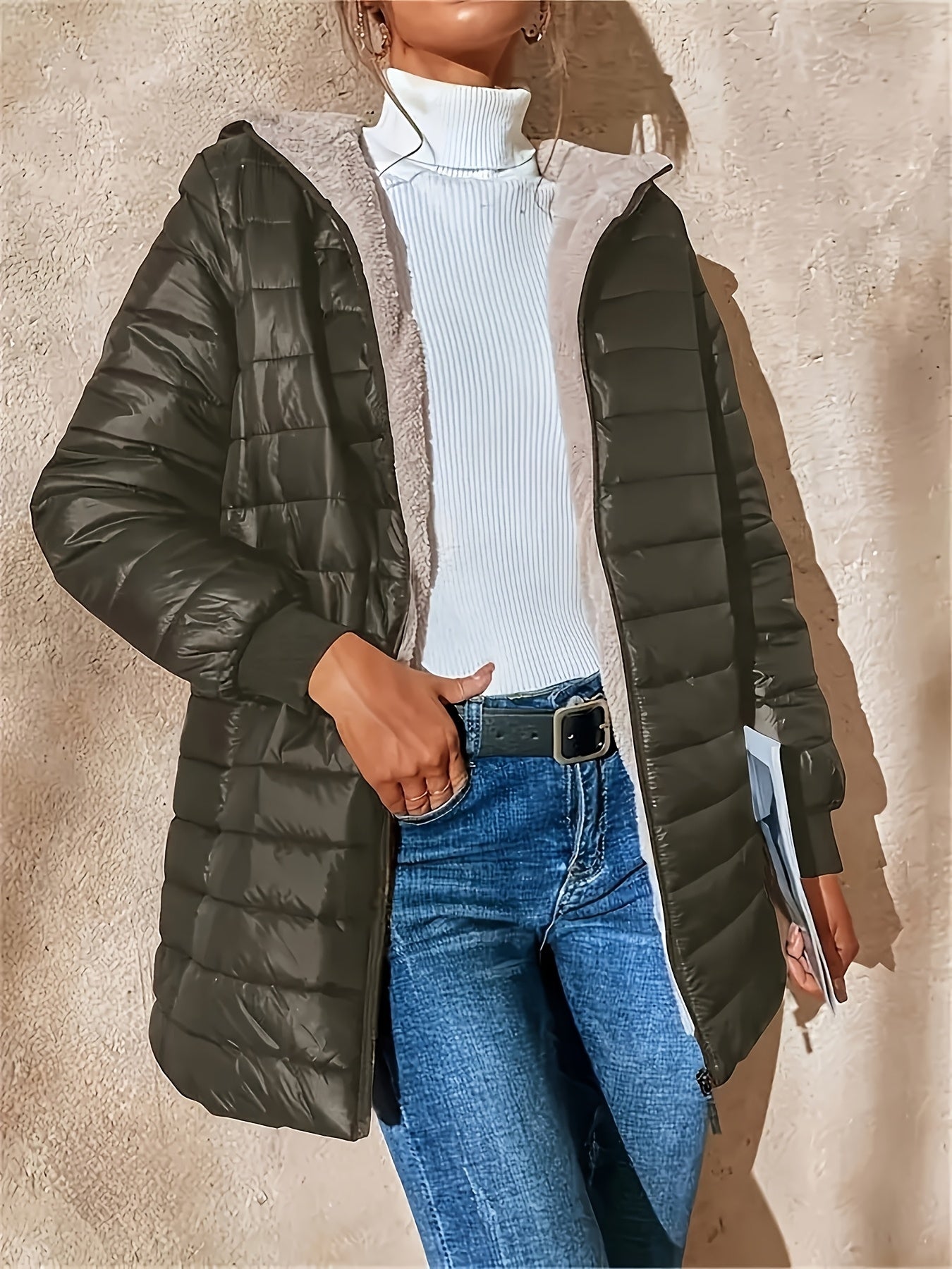 Womens Casual Medium Length Hooded Puffer Jacket