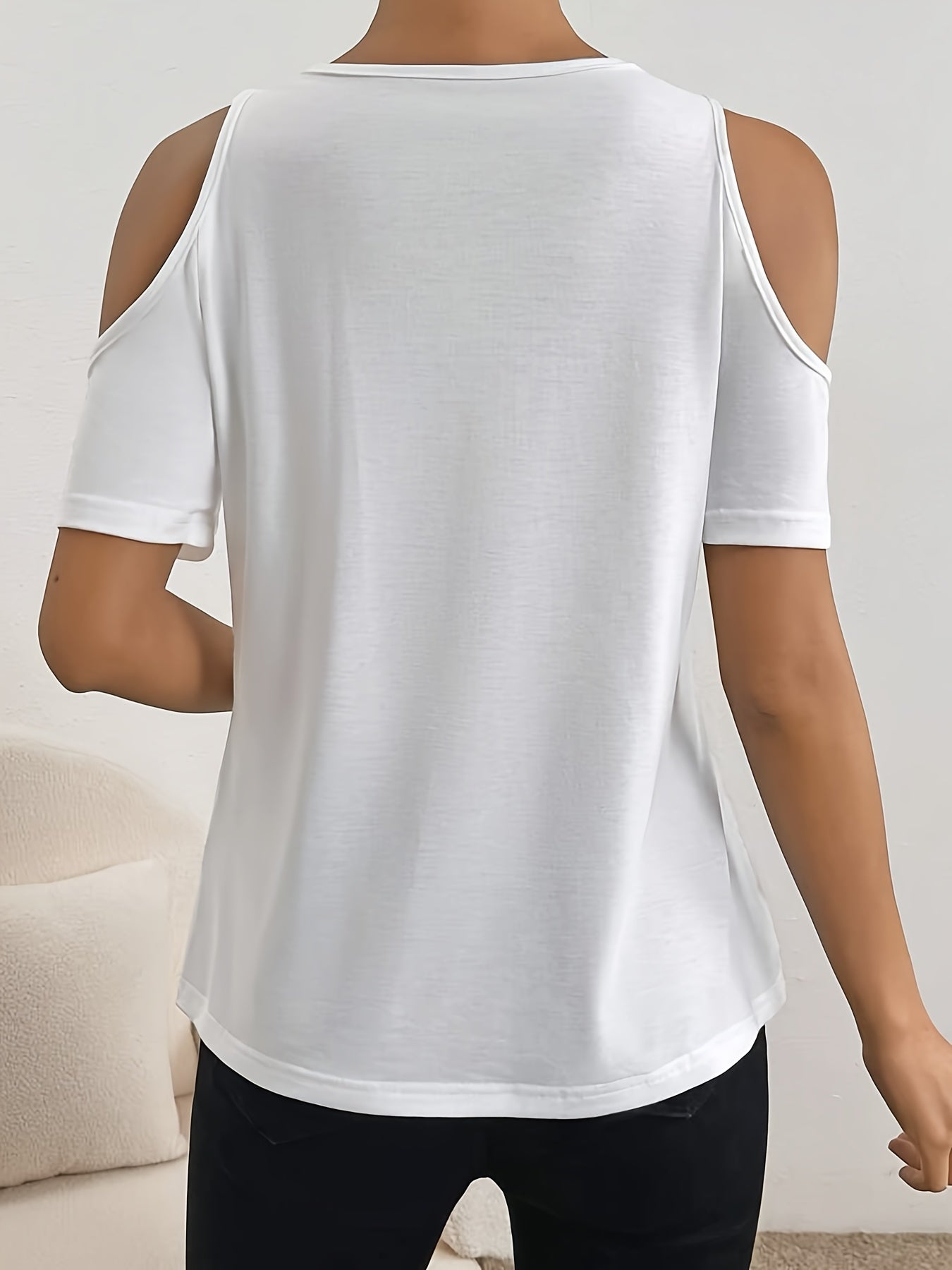 Womens Casual Cold Shoulder T-Shirt Lace Trim V Neck Short Sleeve Top