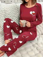 Womens Heart Pattern Long Sleeve & Pants Round Neck Loose Fit Pyjama Set