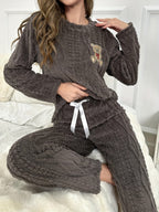 Womens Casual Bear Embroidered Thick Long Sleeve Round Neck Top & Pants Set