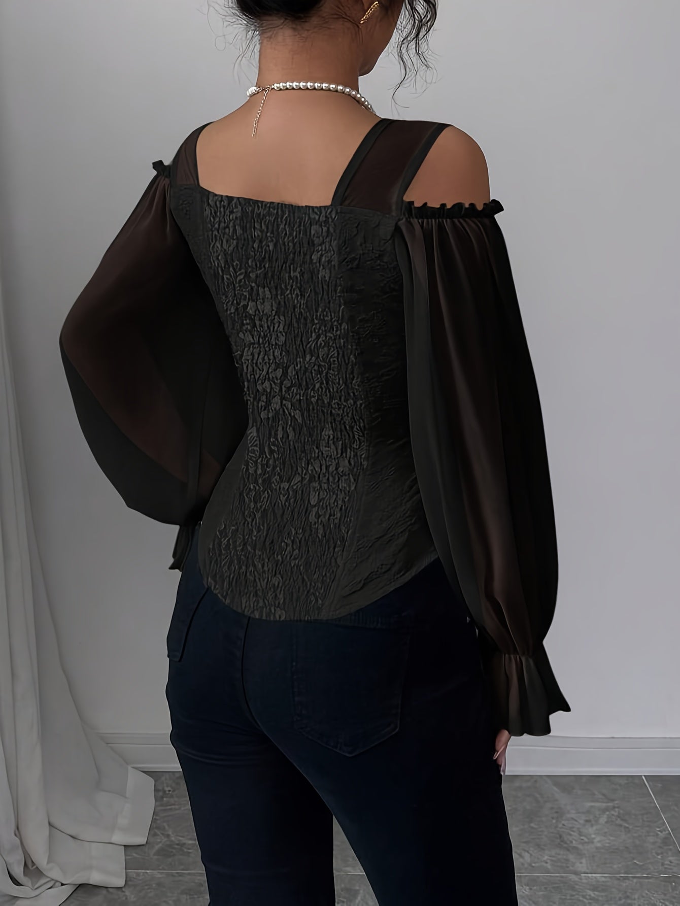 Womens Floral Jacquard Elegant Off-Shoulder Lantern Sleeves Square Neck Top