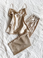 Womens Casual Relaxed Fit Sexy Satin Cowl Neck Backless Cami Top & Pants Set