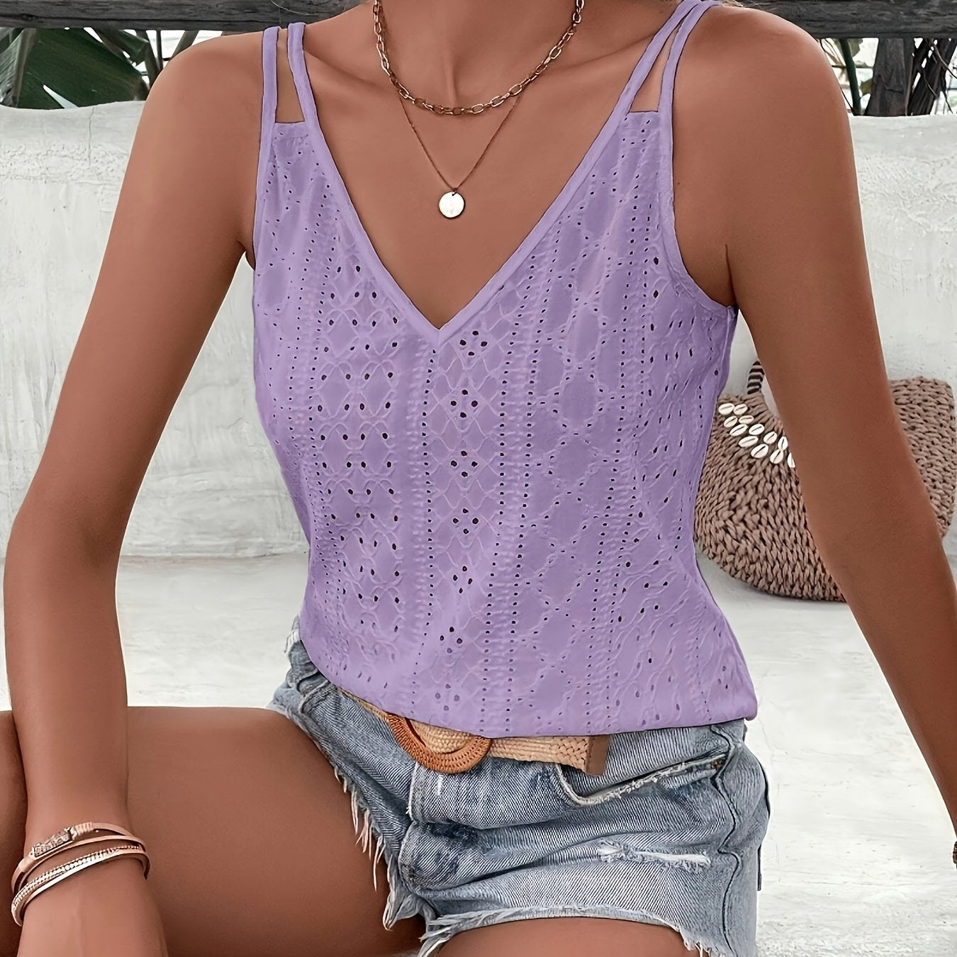 Women's Summer Casual Eyelet Solid Colour Cami Top