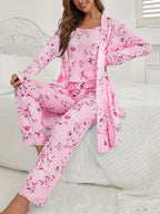 Womens 3 Piece Floral & Butterfly Print Long Pants Long Sleeve Belted Robe, Casual Crew Neck Top Nightwear Set