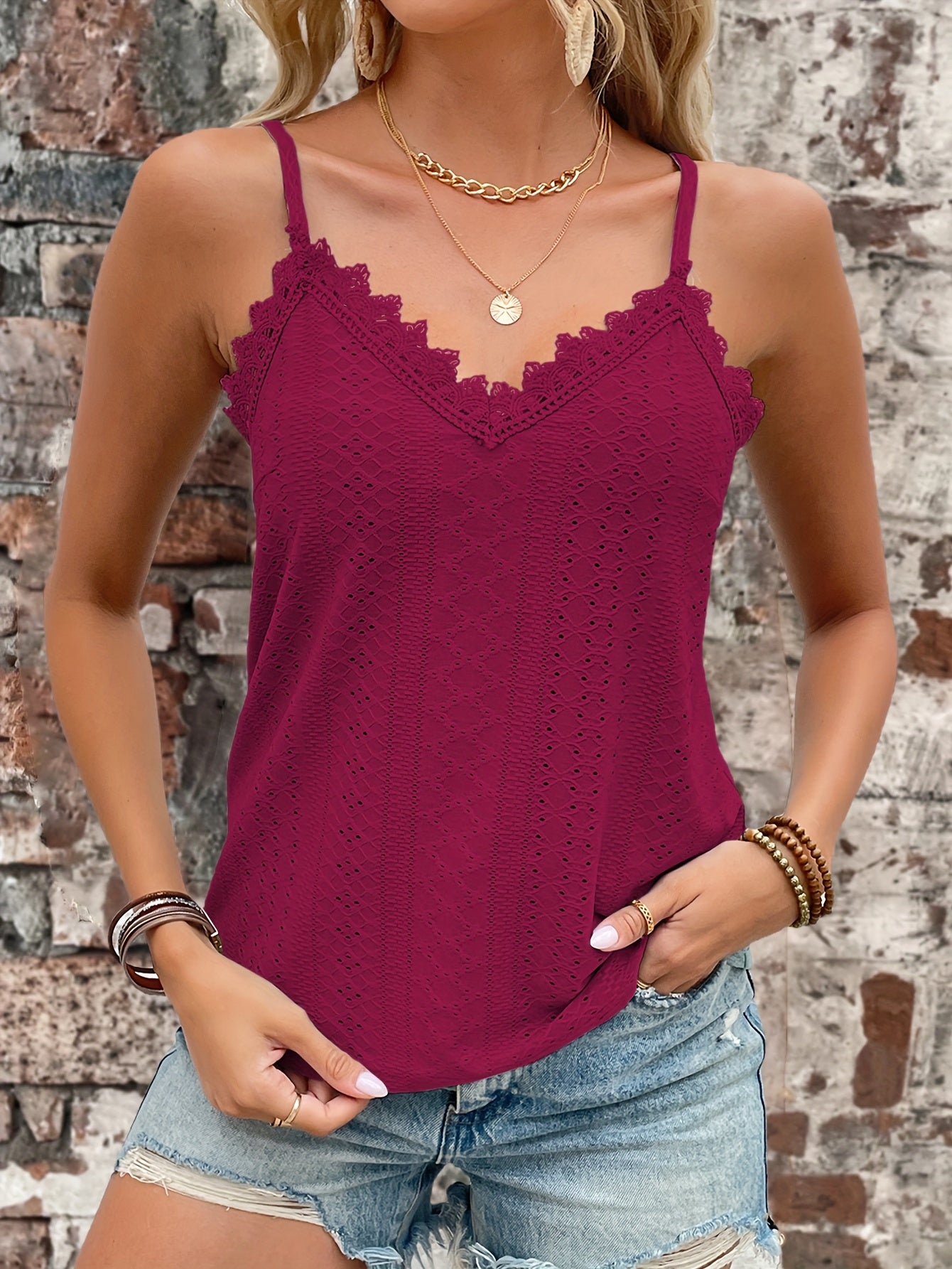 Womens Casual Eyelet Lace V-Neck Spaghetti Straps Vest Top