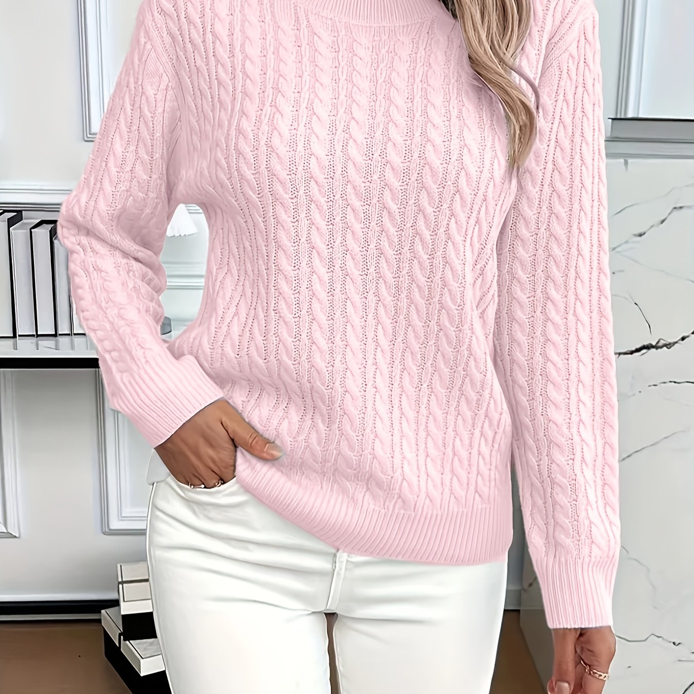Womens Casual Loose-Fit Round Neck Long Sleeve Solid Colour Rib Design Pullover Sweater