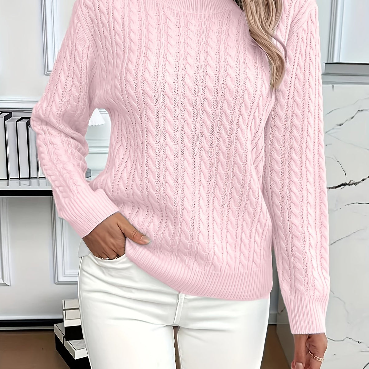 Womens Casual Loose Fit Round Neck Long Sleeve Sweater