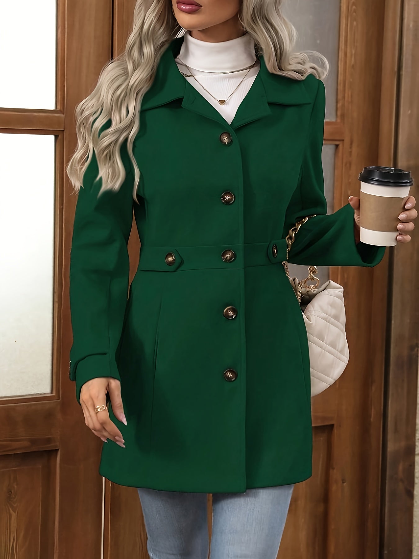 Womens Elegant Tweed Slim-Fit Lapel Collar Belted Waist Winter Coat