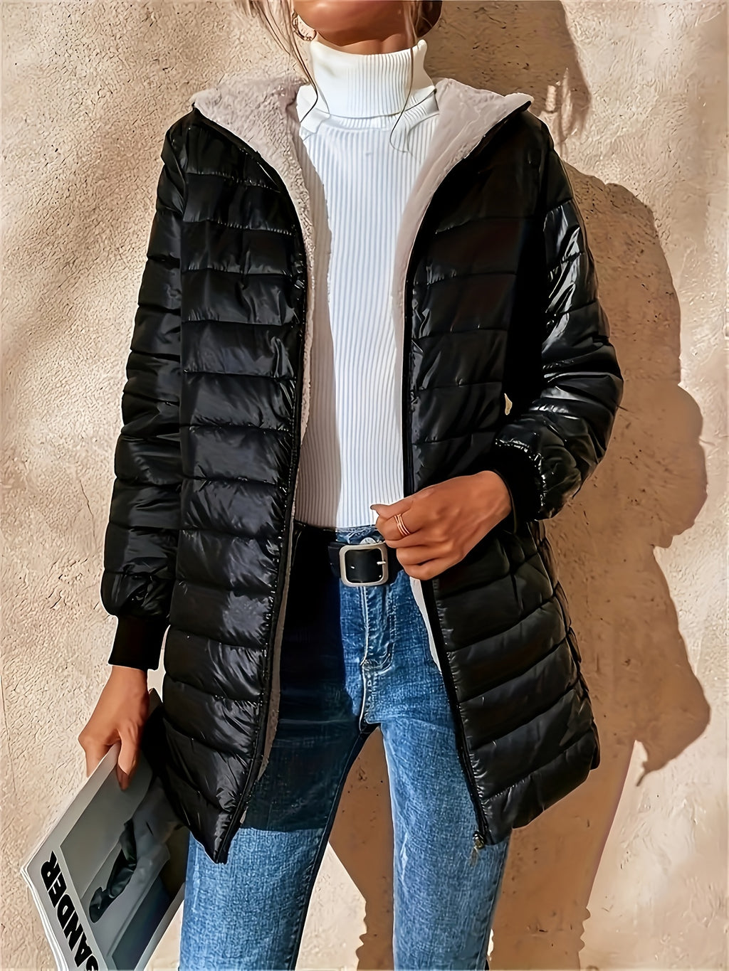 Womens Casual Medium Length Hooded Puffer Jacket