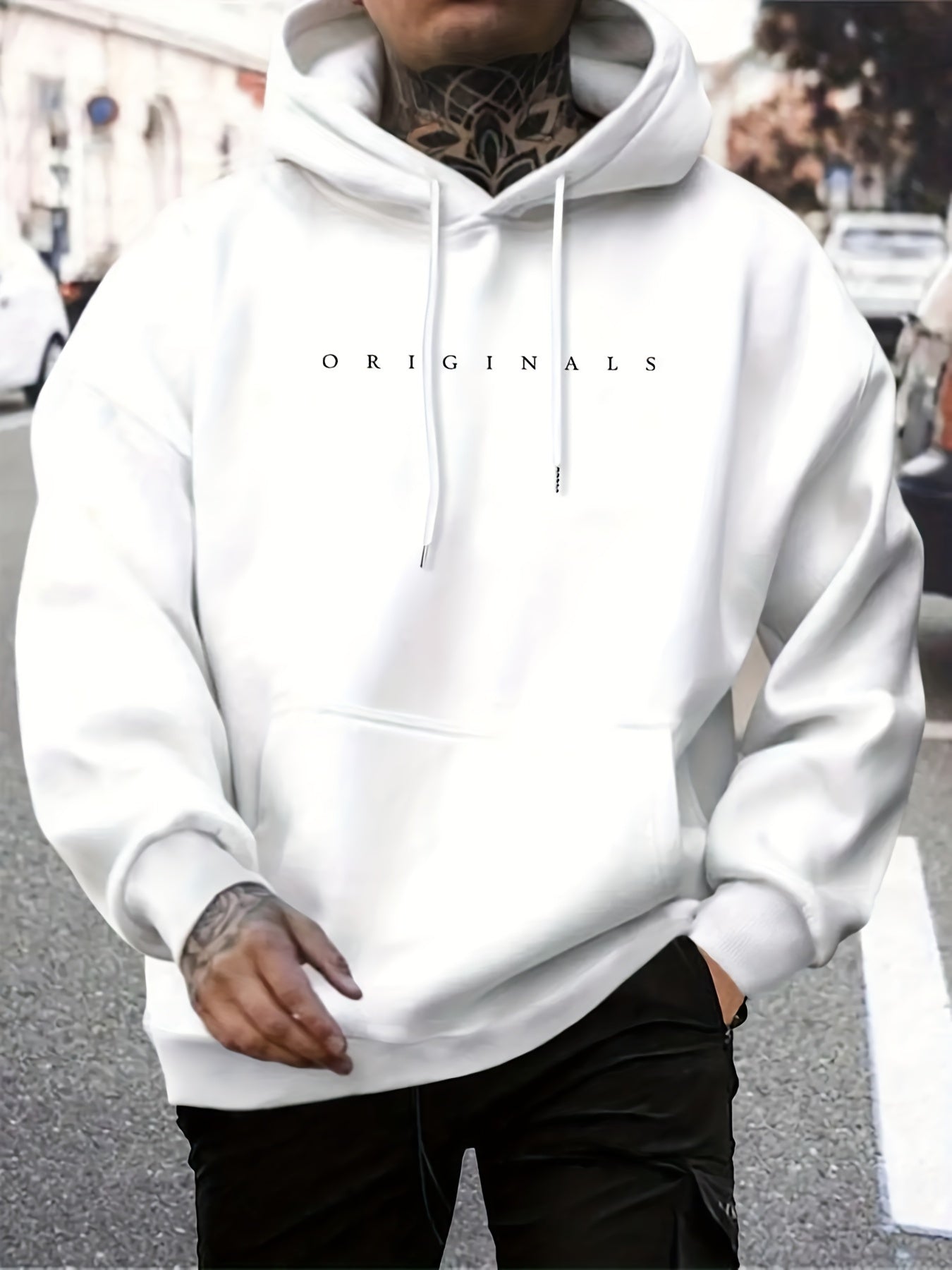 Mens Fleece-Lined Hooded Letter Print Oversized Casual Kangaroo Pocket Sweatshirt