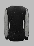 Womens Long Sleeve Sexy V-Neck Sequined Mesh Sleeved Top
