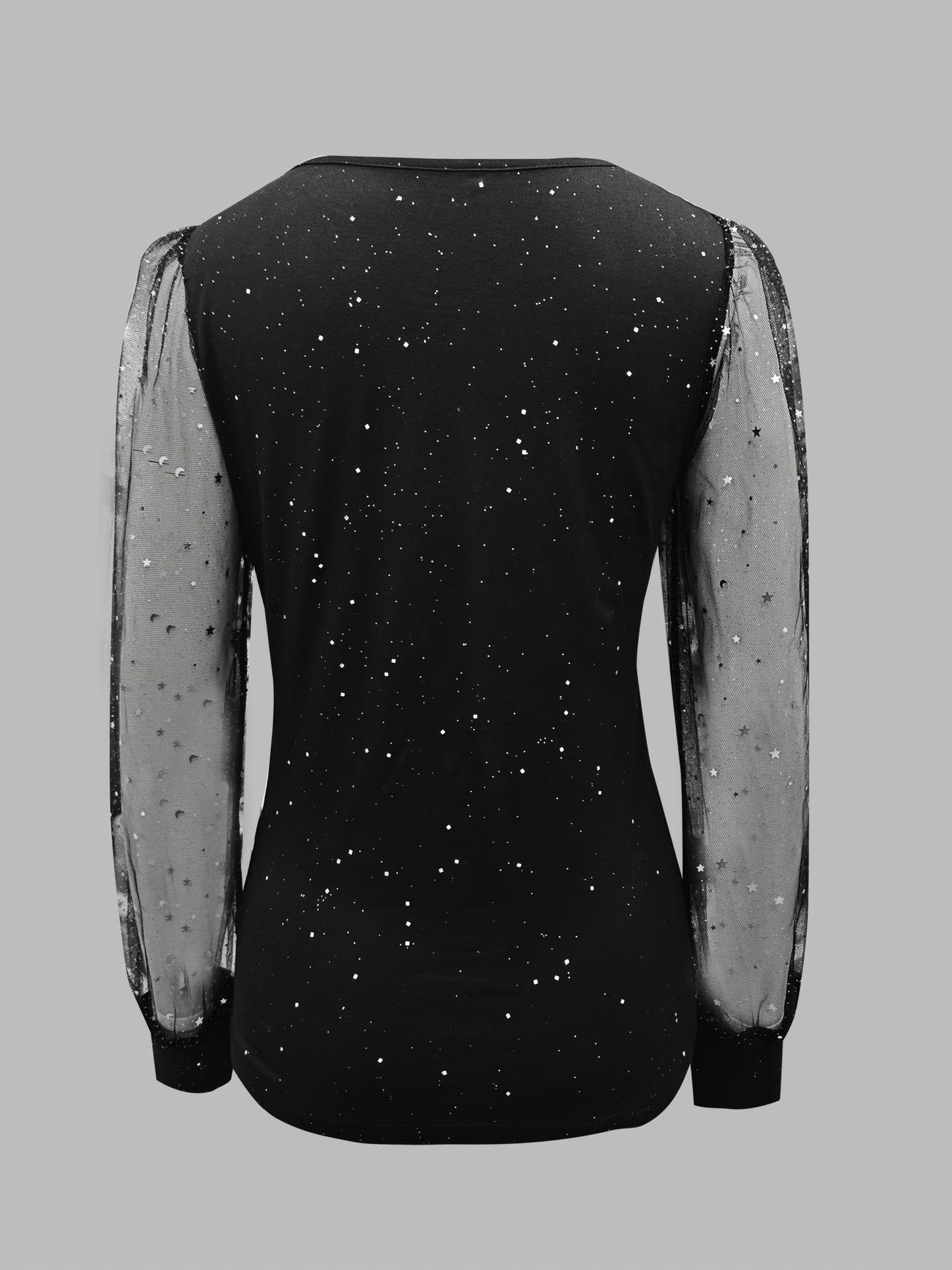 Womens Long Sleeve Sexy V-Neck Sequined Mesh Sleeved Top