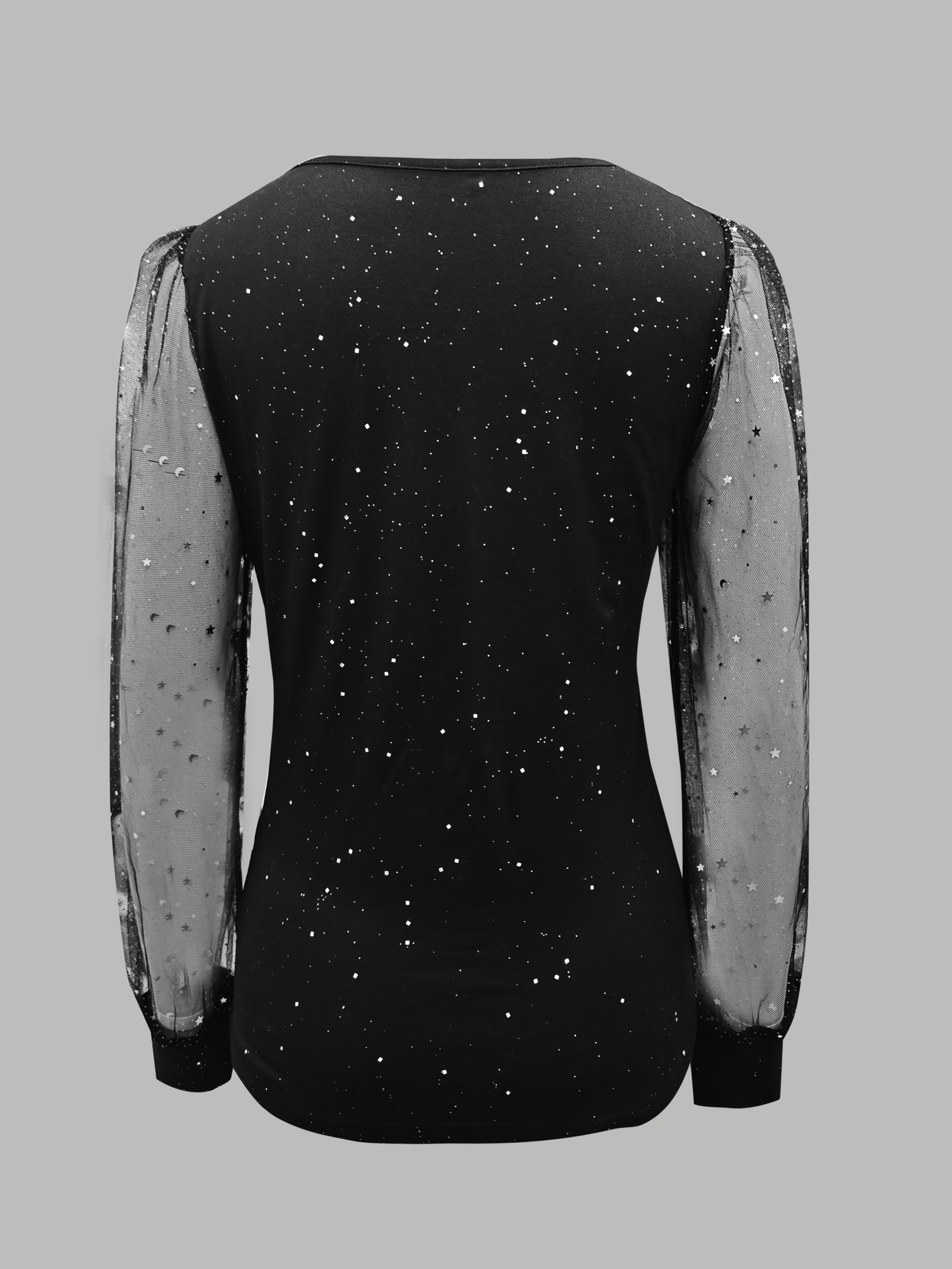 Womens Long Sleeve Sexy V-Neck Sequined Mesh Sleeved Top